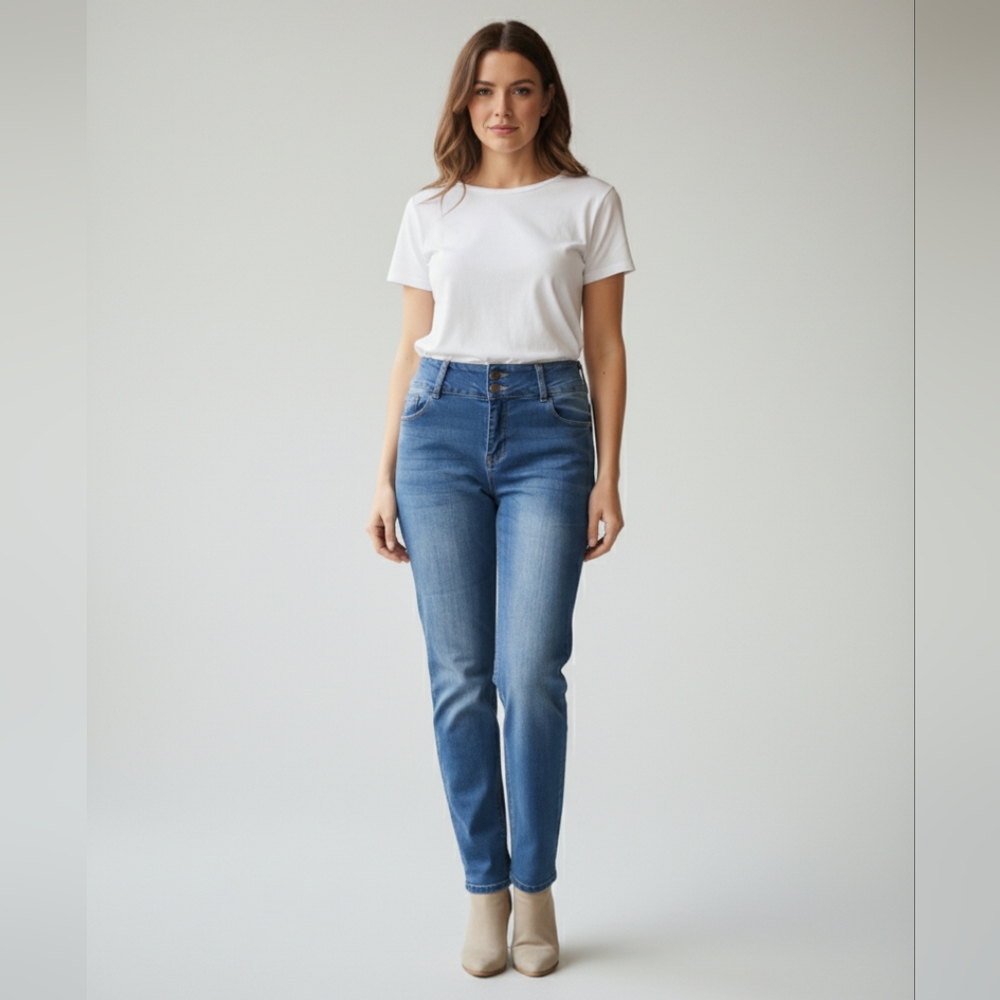 Enjean Junior's Blue Medium Wash High-Waisted Straight Leg Jeans Size 9